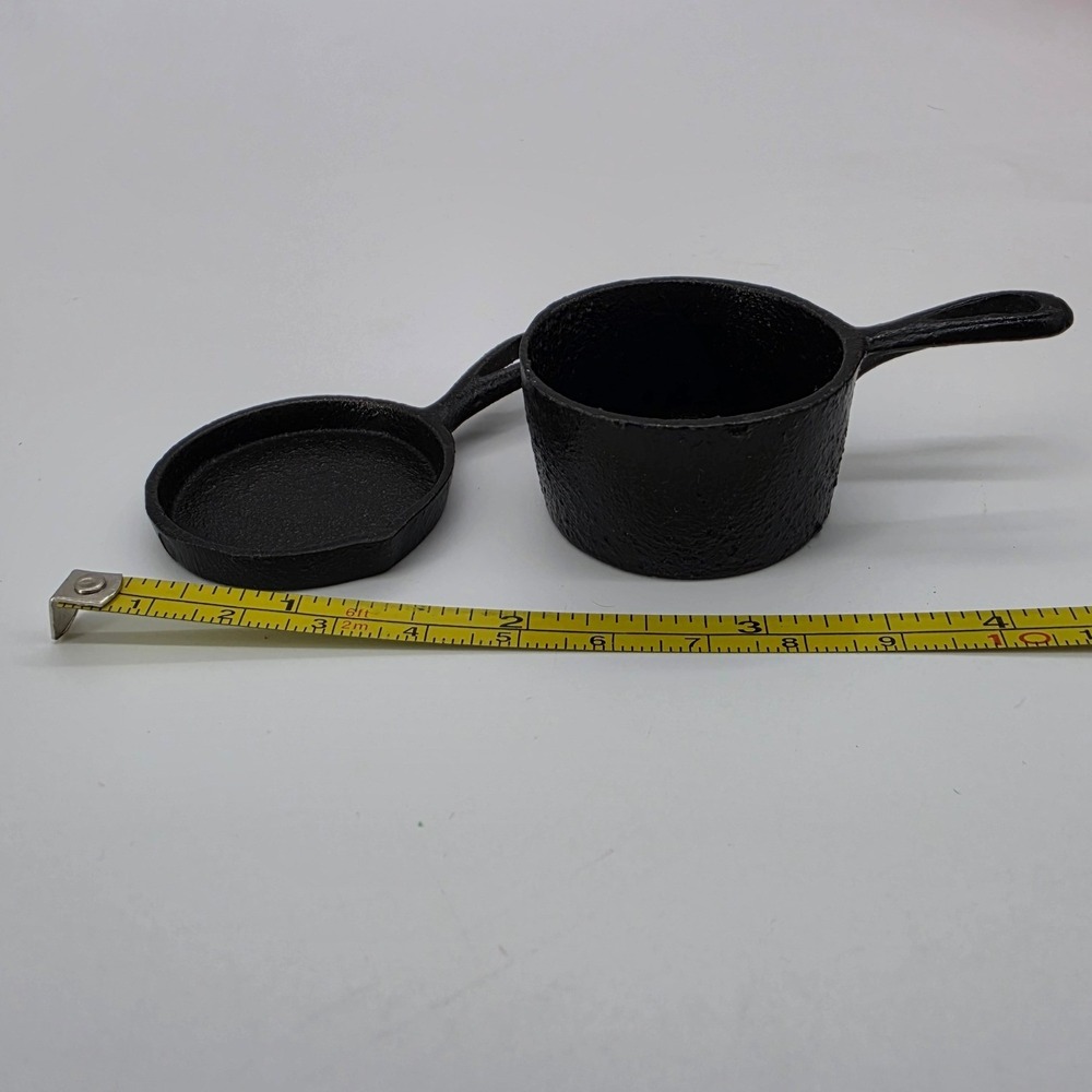 Vintage Miniature Cast Iron Skillet and Pot Set Black Tiny Scale Cookware 2pc